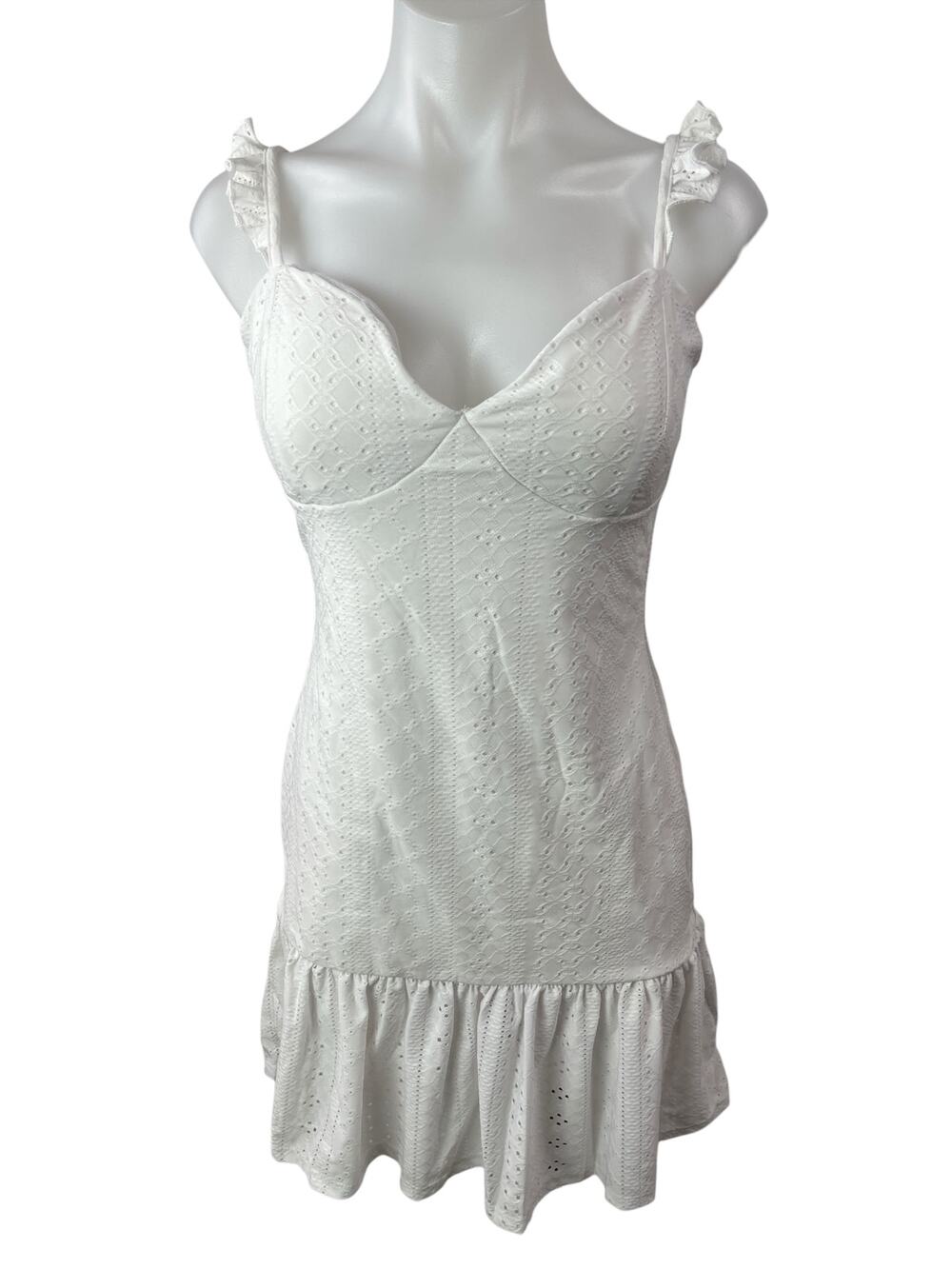 NEW Fashion Nova Eleanor White Embroidered Eyelet Ruffle Tank Mini Dress Size L